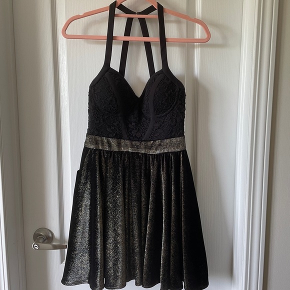 BEBE Black and Gold Lace Metallic Velour Dress US XXS - Picture 5 of 12